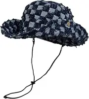 [Whyzsjnclg] Denim Hat, Checkered Pattern Denim Cowboy Hat with Foldable Wide Brim, Denim Bucket Hat with Adjustable Chin Strap, Fisherman Cap for Women, Outdoor, Horseback Riding, Camping Denim Hat
