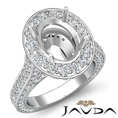 Oval Diamond Engagement Vintage Ring 14k W Gold Halo Pave Set Semi Mount 2.1Ct