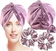 Adjustable Silk Bonnet and Scrunchies Set - Enjoy Silk Comfortable Sleep Bonnet and Hair Accessories - Waterproof Shower Cap - Protect & Style Hair Confidently - Fashionable Hair Protection (Purple)