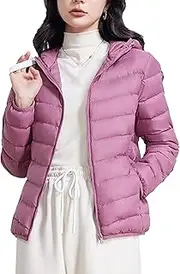 [JEShifangjiusu] Women's Lightweight Plumon Jacket with Long Sleeve Hat with Chain Winter Coat Fully Foldable Warm Short Plumon Coat, Purple 2, 3XL