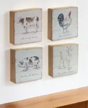 Set of Four White And Natural Farm Animals Wood Square Framed Art