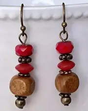 Bronze, Wood and Red Tone Bead Earrings. Boho Chic