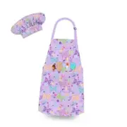 Kids Chef Hat and Apron Set with 2 Large Pockets Girls Purple Butterfly Apron