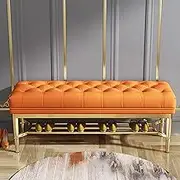 Premium Leather Entryway Bench with Golden Shoe Rack,Button Upholstered End of Bed Bench Seat,Modern Hallway Shoe Bench Shoe Storage Organizer-Orange