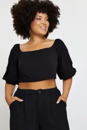 Black Crop Top Short Sleeve Textured
