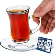 Turkish Tea Set 12 Piece Modern Turkish Tea Glasses & Saucers Set, 6 PCs 3.2 oz (95 cc) Clear Glass Tea Cups with Handle and 6PCs Glass Saucers