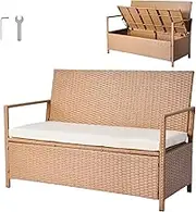 VEVOR Outdoor Storage Bench, 2-Person PE Rattan Storage Bench, 265L Deck Box with Cushion, Supports up to 120 kg, Weatherproof Outdoor Seating & Porch Decor for Patio Garden Balcony Yard