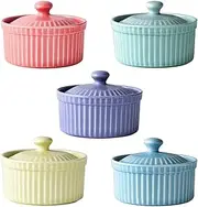 Meltset 5.5 Oz Ramekins with Lids Oven Safe Ceramics Ramekin Bowls for Baking, Porcelain Bake Dishes for Souffle, Creme Brulee, Lava Cake, Ice Cream Desserts, Snacks (Set of 5）