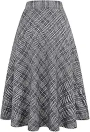 [Mywinway] Long Plaid Wool Skirts for Womens High Elastic Waist Aline Pleated Winter Skirts