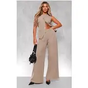 Taupe Woven Tailored Wide Leg Pleated Pants, Taupe