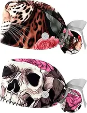 [YTYVAGT] 2-Pc,Nurse Scrub Caps,Scrub Hats with Buttons and Cotton Sweatband,Animal Leopard Rose Flower Pattern