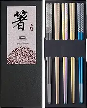 Metal Chopsticks Reusable Multicolor Stainless Steel Chopsticks Dishwasher Safe Chop Sticks Laser Engraved Copper Coin Pattern Chopsticks Square Non-slip Korean Chopstick 9 1/4 Inches 5 Pairs Gift Set