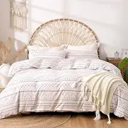 Lekebobor Quilt Cover Set King Size, Ultra Soft Microfiber Doona Cover Bedding Set, 3 Piece Boho Duvet Cover Set with Zipper Closure and Corner Ties (White Geometric, King)
