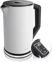 Arendo - Stainless Steel Kettle with Temperature Setting 40-100 Degrees in 5 Steps - Double Wall Design - Elegant Model - 1.5 Litre - 2200 W - Tea Maker with Temperature Display - GS - White