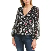 Parker Britta Long Sleeve Wrap Front Tie Blouse in Black Large New Womens Floral