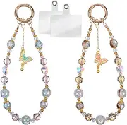 HJZHII 2PCS Beaded Phone Charms Strap, Crystal Detachable Butterfly Cute Wrist Strap Crystal Bracelet Lanyard Phones Charms Aesthetic with Tether Tab for Phone Bag Keychain Camera Wallet Decor