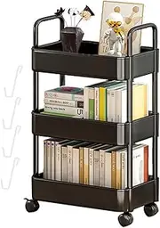 Storage Rolling Cart, 3-Tier Snack Organiser Trolley, Rolling Shelf with Wheels & Hooks,Movable Storage Organizer for Home Kitchen Organization (Black