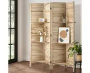 Oikiture 4 Panel Room Divider Privacy Screen With Shelves Timber Wooden Natural