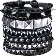 [Ulekuke] 4 Pcs Leather Punk Rock Studded Bracelets Set for Men and Women 80s Adjustable Spike Cuff and Retro Emo Jewelry Accessories