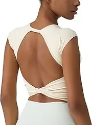 [ABOCIW] Workout Tops for Women Open Back Longline Sports Bras Athletic Crop Top Cap Sleeve Gym T Shirts with Built in Bra