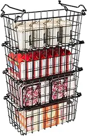 DPZM 4Pack Freezer Organizer Bins, Stackable Chest Freezer Organizer for 5-7 Cu.FT Deep Freezer Sort Frozen Meats, Ice Cream, Foods, Deep Wire Metal Freezer Organizer Bins With Side Handles, Black