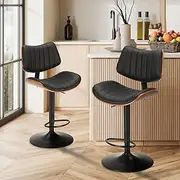 Oikiture Bar Stools Gas Lift Bar Stool Set of 2 Adjustable Height 93-115cm Kitchen Swivel Chair Wooden PU Leather, Black