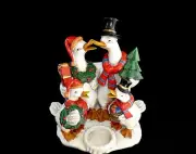 NIB CHRISTMAS CERAMIC GEESE FAMILY CAROLERS TEA LIGHT TABLE MANTEL CANDLE HOLDER
