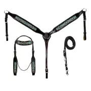 western Leather Equestrian Tooled Beaded Headstall,Breast Collar & Reins. (H035)