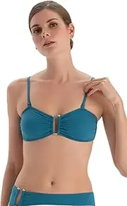 [Dagi] Women's Petrol Blue Fashion Knitted Non-Wired Padding Removable Strap Strapless Bikini Top
