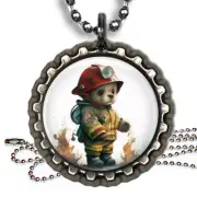 Fire Fighter Baby Bear Kids Bottle Cap Necklace with Chain Photo Jewelry Gifts