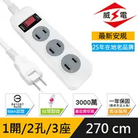 在飛比找PChome24h購物優惠-威電 新安規 15A 1開2孔3座 任意轉插頭電源延長線-2