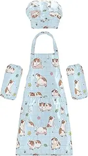 AIXIWAWA Kids Apron Chef Hat Set, Child Kitchen Bib Aprons Adjustable for Cooking Baking Painting (Cute Guinea Pigs)