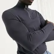 ASOS 'Muscle Fit Zip Turtleneck' Men's Stretch Long Sleeve T-Shirt M Gray *NWT*