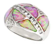 Women Silver Rhodium Plated, Pink Opal Inlay Dome Band CZ stone Accents 13mm