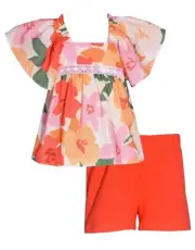 NEW Bonnie Jean Girls Size 14 "ORANGE FLOWER POP" Peasant Top Shorts Set NWT