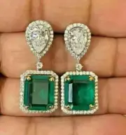 4Ct Emerald Cut Lab Created Emerald Halo Push Back Earrings White Gold Plated