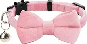 Cat Collar Soft Velvet with Bow Tie Bell Breakaway Safety Solid Colors Wedding Basic Boy Girl Kitten [1pc] Pink