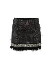 Black Wool-Blend Lace Layered Sequinned Mini Skirt