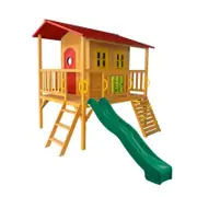 Kidzshack Sweet Shack Wooden Large Kids Cubby House with Dark Green Slide 3+
