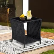 Wicker Rattan Side Table with Glass Top and Storage Bistro Woven Furniture