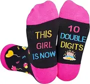 [KIDPER] DOUBLE DIGITS Birthday Girl Socks: 10th Birthday Gifts for Tween Girls, Fun Socks with Sayings, Multicolor, 8-12 Years