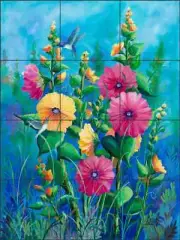 Hollyhock Tile Backsplash Susan Libby Floral Art Ceramic Mural SLA059