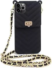 Fusicase for iPhone 11 Pro Max Wallet Case with Neck Strap Crossbody Strap Lanyard Handbag Wrist Strap Protective Cover Credit Card Holder Slot Purse for Girls Women Case for iPhone 11 Pro Max Black