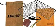 Branded Boards Bushcraft Stainless BBQ Grill Grate, Bamboo Cutting Board, Burlap Hemp Drawstring Bag, Mini Camp Knife. Camping, Backpacking, Hunting & Fishing. (Folding Grill Kit)