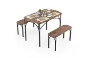 Costway 3pcs Dining Table Set Metal Kitchen Table Stool w/1 Table & 2 Bench/Easy-to-Maintain Desktop Restaurant Home Furniture Space Saver Brown