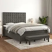Generic Box Spring Bed with Mattress Dark Grey 137x187 cm Double Size Velvet,3145363