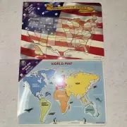 2 Vintage Battat 2005 Wooden World USA Map Puzzles Geography Homeschool NEW