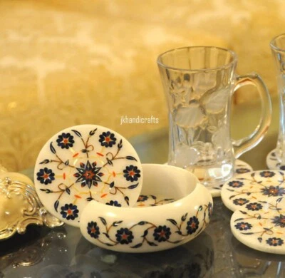 Marble Round Coaster Set Of 6 Pcs Rare Lapis Lazuli Inlay Fine Work Home Decor
