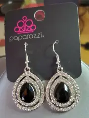 Millionaire Debonair Black Rhinestone Silver Drop Earrings - Paparazzi NEW