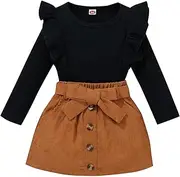 [Generic] New Born Stuff Toddler Kids Baby Girls Ruffled Crewneck Long Sleeve Ribbed Sweatshirt Tops Solid Skirt Set 2PCS Fall Clothes Set Tennis Clothes for Girls for Winter Black